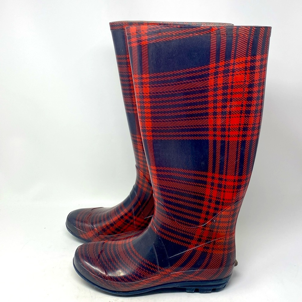 Women's Plaid Red & Black Size 8 Flat Round Toe Rain Rubber Boots